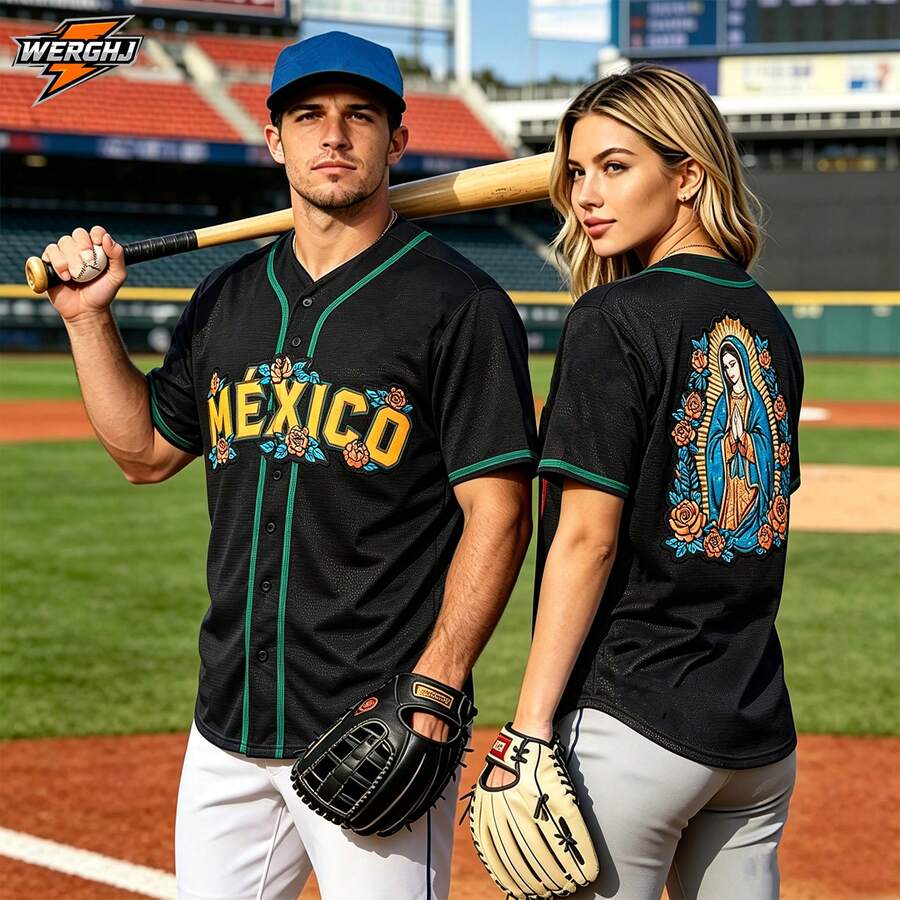 Unisex Mexico Baseball Jersey Our Lady Of Guadalupe 3D Print Stitching Button Front Short Sleeve Baseball Shirt