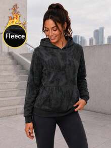 Women's Black Fleece Sweatshirt With Kangaroo Pocket, Relaxed Fit Textured Pullover Sweatshirt For Everyday Casual Wear. - Black - View 7