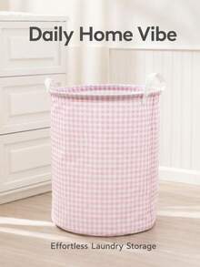 Portable Pink Fabric Storage Basket, Dual Handle Waterproof Laundry Basket, Suitable For Dormitory Bedroom And Bathroom, Large Capacity Grid Pattern Laundry Basket, Unisex, Closet Storage, Room Home Decor And Storage, Camping Travel Essential - Multicolor - View 9
