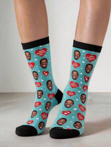 Custom Photo Boat Socks, Personalized Face And Heart Pattern Valentine's Day Text Printed Socks, Creative Romantic Gift For Wife - Multicolor - View 3