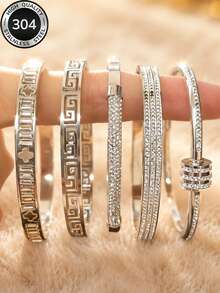 Bộ 5 vòng tay thời trang bạc xếp chồng, thép không gỉ 304, chống rỉ, chống nước, không gây dị ứng, trang sức xếp chồng phong cách tối giản sang trọng, quà tặng cho cô ấy dịp tốt nghiệp, sinh nhật, Valentine, Ngày của Mẹ, Giáng Sinh - Bạc 2 - Xem 12