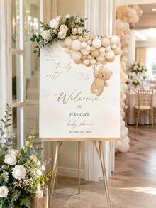 Custom Baby Shower Welcome Sign - Teddy Bear Theme Style, Personalized Name & Date Display Board, Neutral Beige Balloon Style Entrance Decor (Suitable For Boy Or Girl), Home Decor, Party Decor, Custom Poster - Multicolor - View 2