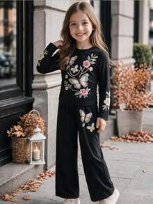 Setelan Anak Perempuan Lengan Panjang Motif Kupu-kupu & Bunga, Atasan Pinggang Berkerut Samping & Celana Panjang Lebar, 2 Potong, Musim Semi/Gugur - Hitam - View 2