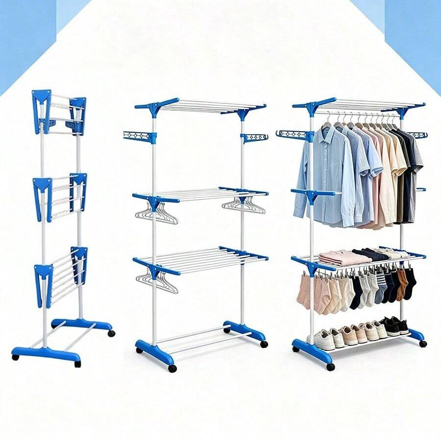 Multifunctional Foldable Floor Clothes Drying Rack - Blau - Übersicht 1