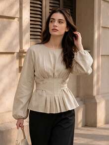 Women's Autumn Puff Long Sleeve Ruffle Blouse, Round Neck Pleated Back Tie Cinched Waist Cinched Shirt Top - Khaki - View 7