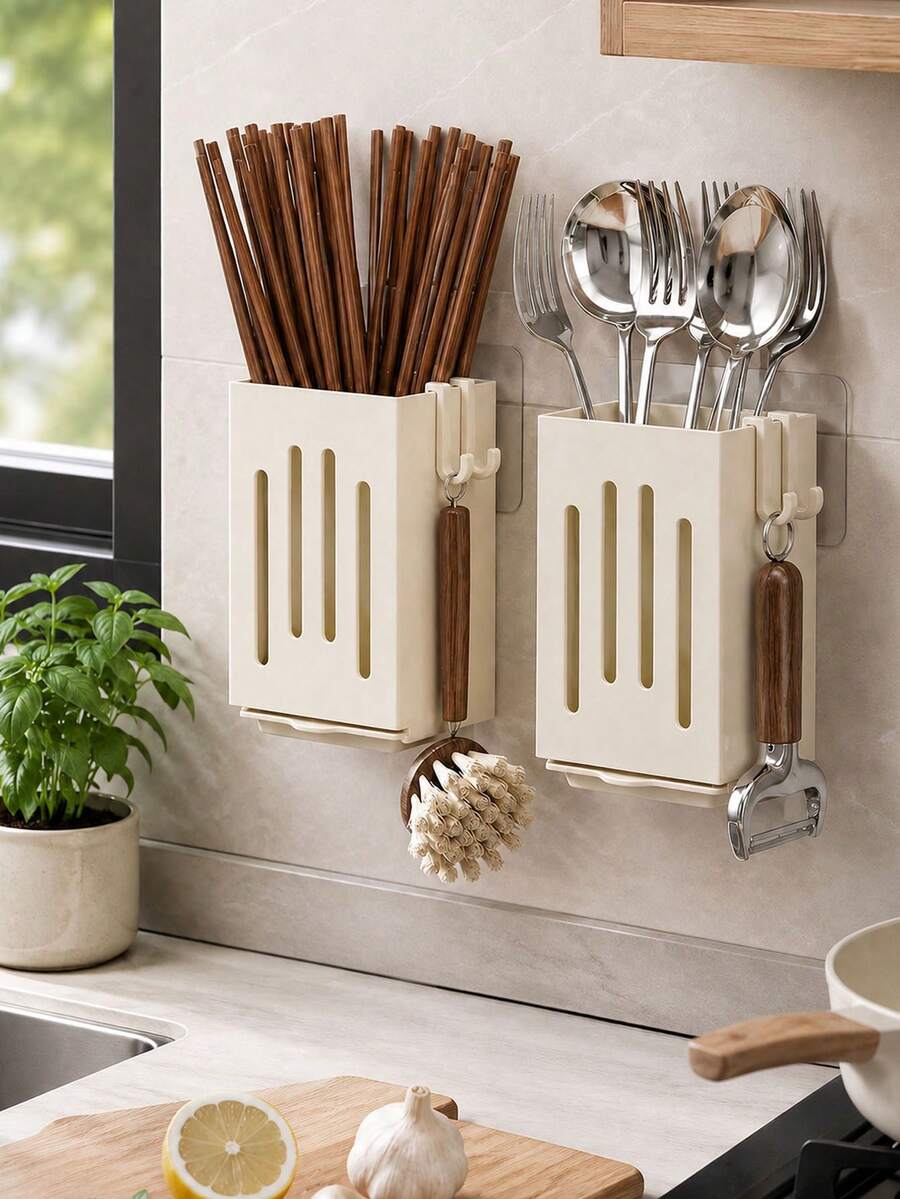 1pc Wall-Mounted Kitchen Utensil Rack With Drip Tray, Multi-Function Self-Draining Spoon, Fork And Chopstick Storage Box, Space-Saving Utensil Organizer, Suitable For Spoons, Forks And Chopsticks - View 1