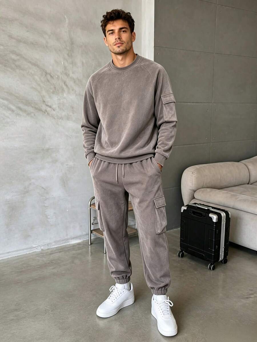 Retro Washed Fuzzy Cargo Tracksuit, Men Raglan Crew Neck Sweatshirt Drawstring Cargo Joggers Casual 2‑Piece Outfit - Dark Grey - View 1