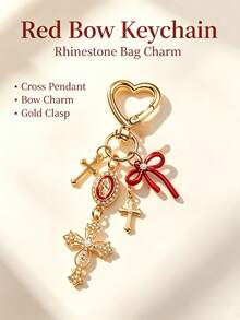 Exquisite Cross Keychain, Pearl Rhinestone Bow Bag Charm. Sweet And Cool Bag Decoration, Birthday And Holiday Gifts For Women Girls. - Multicolor - View 9