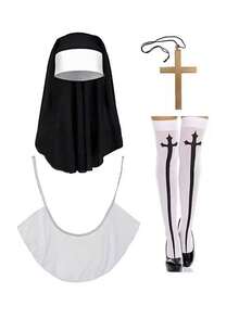 3pcs/Set Nun Costume Set: White Collared Hat,Gold Cross Necklace.Charming Accessories For Halloween,Masquerade,Church,Halloween Costume Accessories - Multicolor - View 10