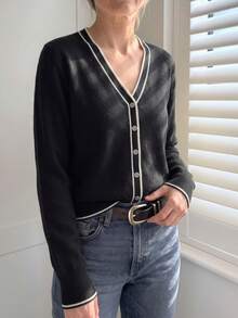 GIGOGOU 女款V領前開扣休閒針織開襟衫，輕量長袖毛衣上衣，春秋黑色秋季款 - 黑色 - 查看 3