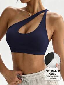 Women's Black Removable Padded Shoulder Knit Sports Bra Fall - Navy Blue - View 1