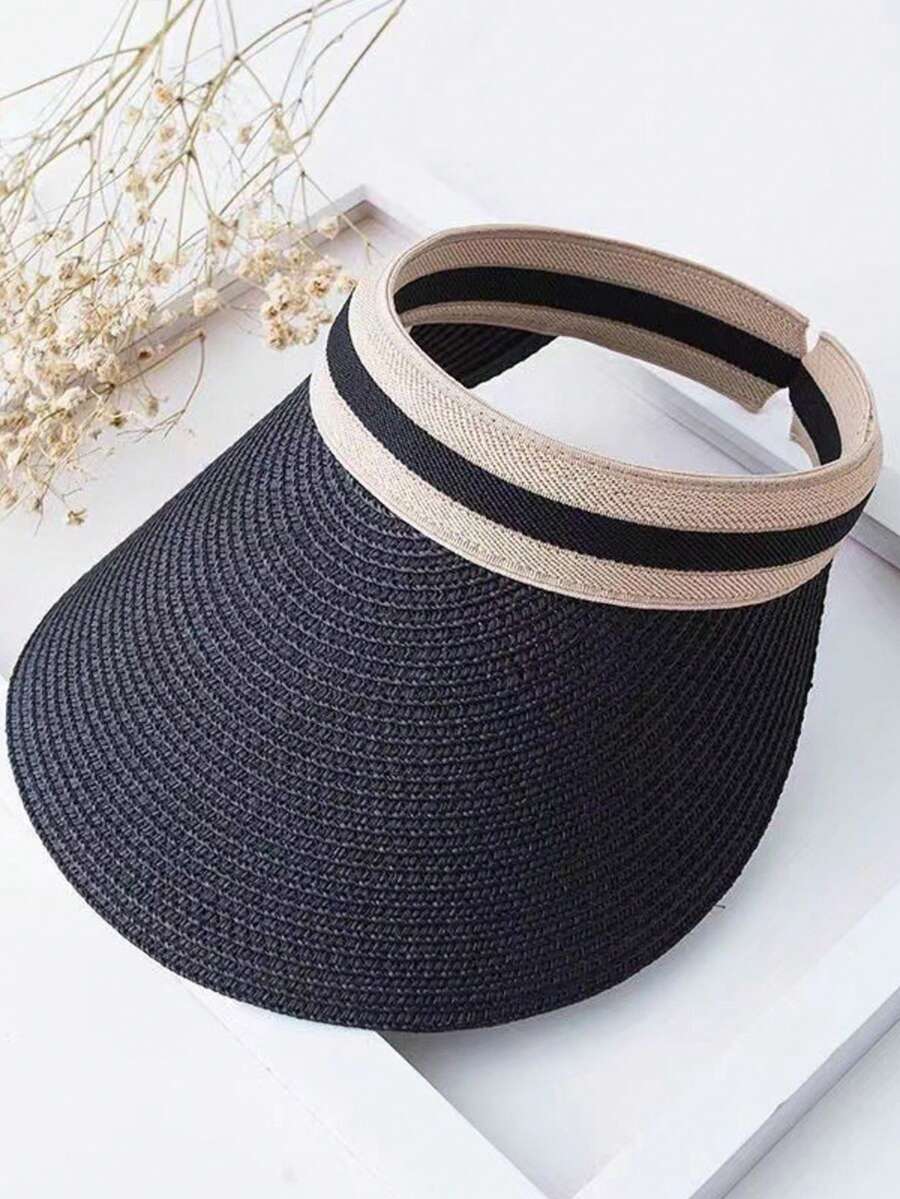 1PC/Straw Wide Brim Sun Hat, Fashionable Vacation Style, Versatile Sun Protection - Multicolor - View 1
