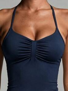 Women's Sports Casual Camisole Tank Top With Padded Cups, Spaghetti Strap Backless Ruched Solid Color Basic Top, Suitable For Yoga, Gym, Running, Workout, Daily Wear - Navy Blue - View 10