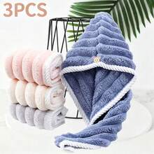 3pcs/Set Candy Striped Strong Absorbent Quick Dry Hair Cap, Soft Comfortable Home Use With Button, Solid Color Minimalist Design - Multicolor - View 1