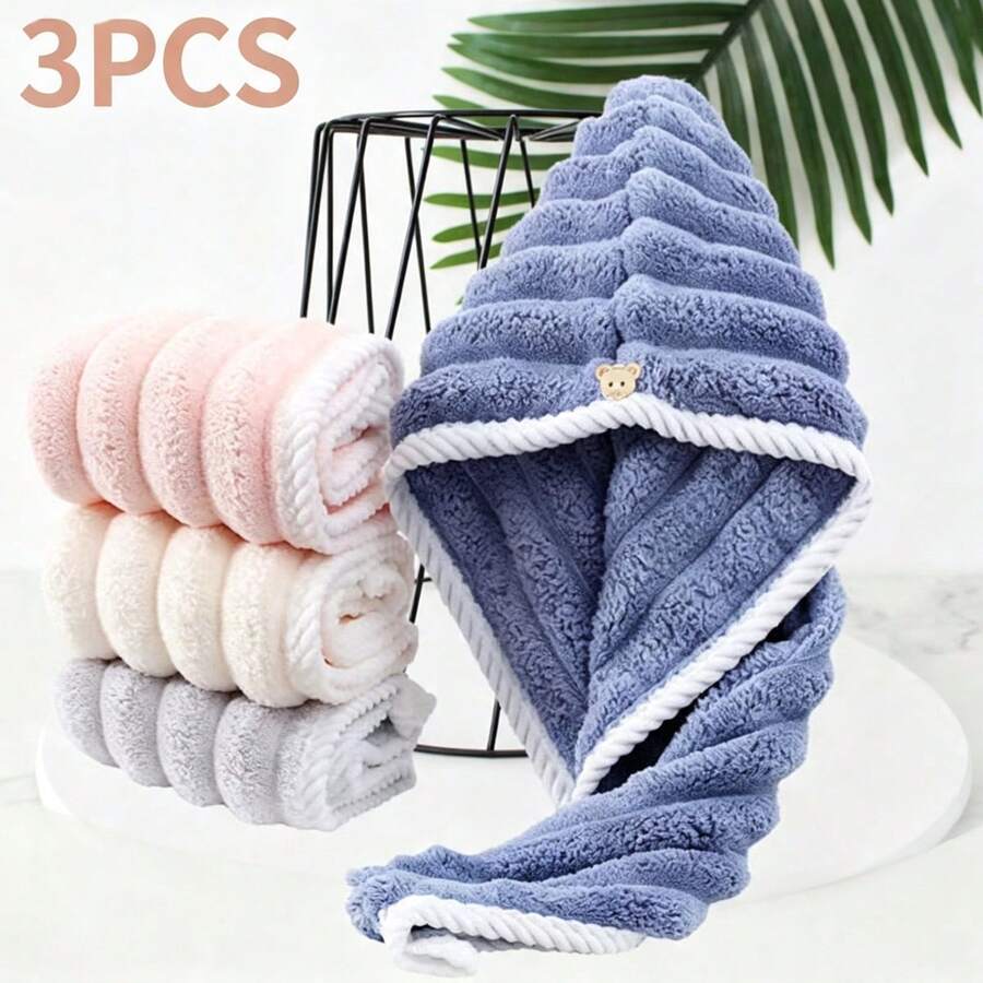 3pcs/Set Candy Striped Strong Absorbent Quick Dry Hair Cap, Soft Comfortable Home Use With Button, Solid Color Minimalist Design - Multicolor - View 1