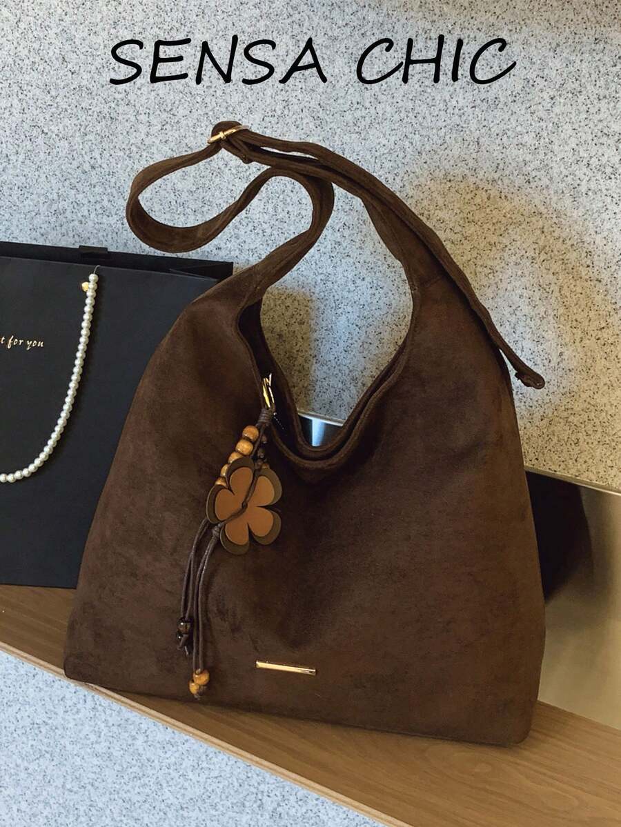 Slender Metal Plaque Hardware Detail Large Capacity Compartment Storage Carry-On Items Zipper Closure Relaxed Vintage Style Shoulder Bag Women Shopping Commuting Outing Large Bag Integrated Wide Strap Minimalist Commuting Large Bag - Coffee - View 1