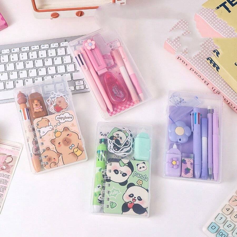 Cartoon Stationery Gift Set, Capybara Panda Multiple Notebooks, Multi-Color Pens, Correction Tape Combination, Student Back To School Gift - Multicolor - View 1