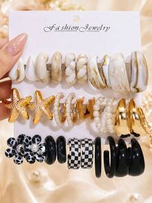 10/30 Pcs Black Acrylic Gold Starfish Faux Pearl Hoop Earrings Set For Women, Chunky Resin Drop Earrings, Beach Vacation Daily Jewelry - Color - View 8