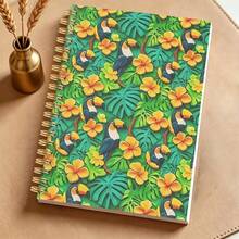 1 Buah Buku Catatan Spiral A5 Motif Tropis Cerah, Buku Catatan Kertas dengan Desain Cetak Mawar Kuning, Daun Malaysia, dan Burung Beo, Cocok untuk Catatan Harian Kantor dan Menulis Santai - A5 - View 1