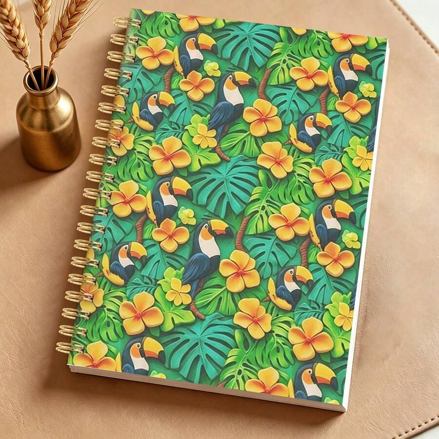 1 Buah Buku Catatan Spiral A5 Motif Tropis Cerah, Buku Catatan Kertas dengan Desain Cetak Mawar Kuning, Daun Malaysia, dan Burung Beo, Cocok untuk Catatan Harian Kantor dan Menulis Santai - A5 - View 1