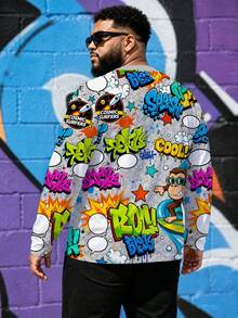 Men's Plus Size Cartoon Cute Funny Crew Neck Long Sleeve T-Shirt, Polyester Knit Fabric Comfortable And Breathable, Fashionable Streetwear "Animation Graffiti" Pattern, Funny Design Fresh Series, Novel Personalized Top - Grey - View 2