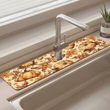 1pc Thanksgiving Pumpkin Pattern Design Rubber Faucet Splash Guard, Bathroom Faucet Splash Pad, Mud Guard, Moisture-Proof Non-Slip Faucet Mat, Kitchen Countertop Accessory. Protect Your Kitchen Countertop. - Multicolor - View 5