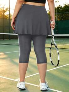 Plus Size Women's High Waist Leggings, 2-In-1 Skorts, With Inner Pockets, Capri Length Yoga Pants, Suitable For Sports, Tennis And Golf - Dark Grey - View 6