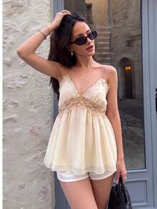 GMFP Damen Bohemian Stil Tiefer V-Ausschnitt Beige Camisole, Alltagskleidung, Party, Schulanfang, Abschlusszeit, Halloween, Weihnachtstop - Beige - Übersicht 2
