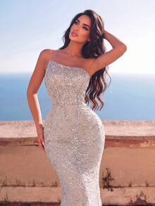 Women's Sleeveless Sequin Mermaid Evening Gown, Long Strapless Dress, Exquisite Beaded Design, Suitable For Formal Occasions And Parties - Apricot - View 5
