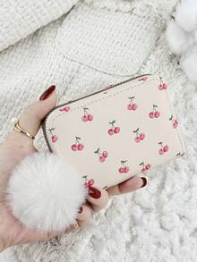 Ladies' Cherry Print Zipper Credit Card Clip Bag, Featuring A Stylish Pom Pom Accent, Card Short Wallet, Multi Slot Coin Wallet - White - View 2