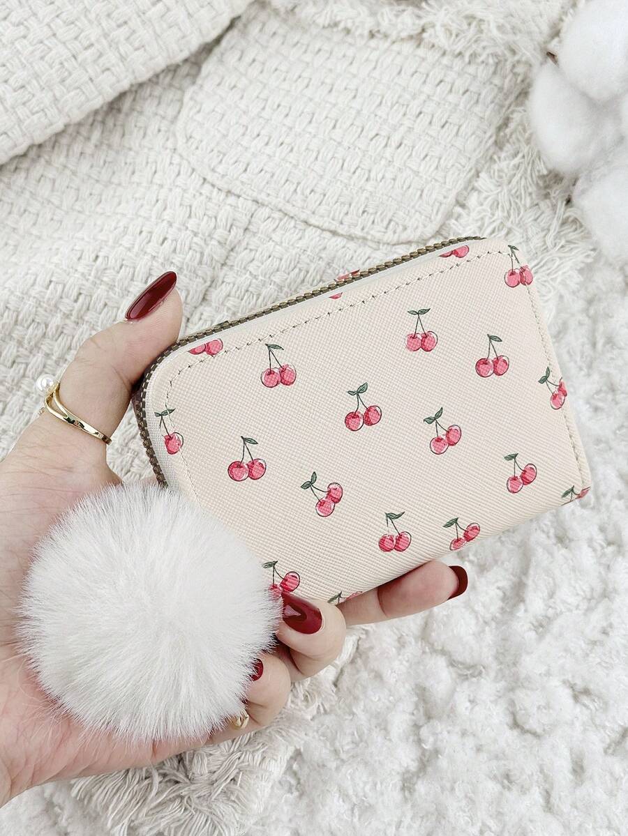 Ladies' Cherry Print Zipper Credit Card Clip Bag, Featuring A Stylish Pom Pom Accent, Card Short Wallet, Multi Slot Coin Wallet