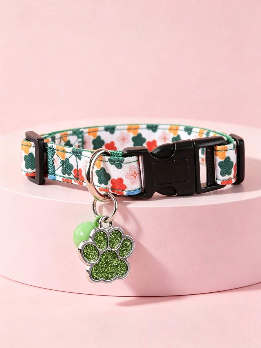 Pet Collar With Green Swinging Paw And Bell, Decorated With Colorful Flowers, Suitable For Cats And Dogs. Happy Little Dog Supplies, Fit For Small To Medium Cats And Dogs To Wear All Year Round, Whether At Home Or Out For Play.