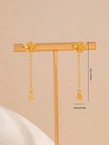 Floral Tassel Drop Earrings, New Chinese Style Gentle Long Earrings - Gold - View 3