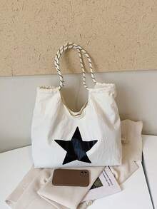 Large Capacity Women's Shoulder Bag Handbag, Black & White Contrast Star Print Nylon Waterproof Fabric, Daily Commute Bag - White - View 3