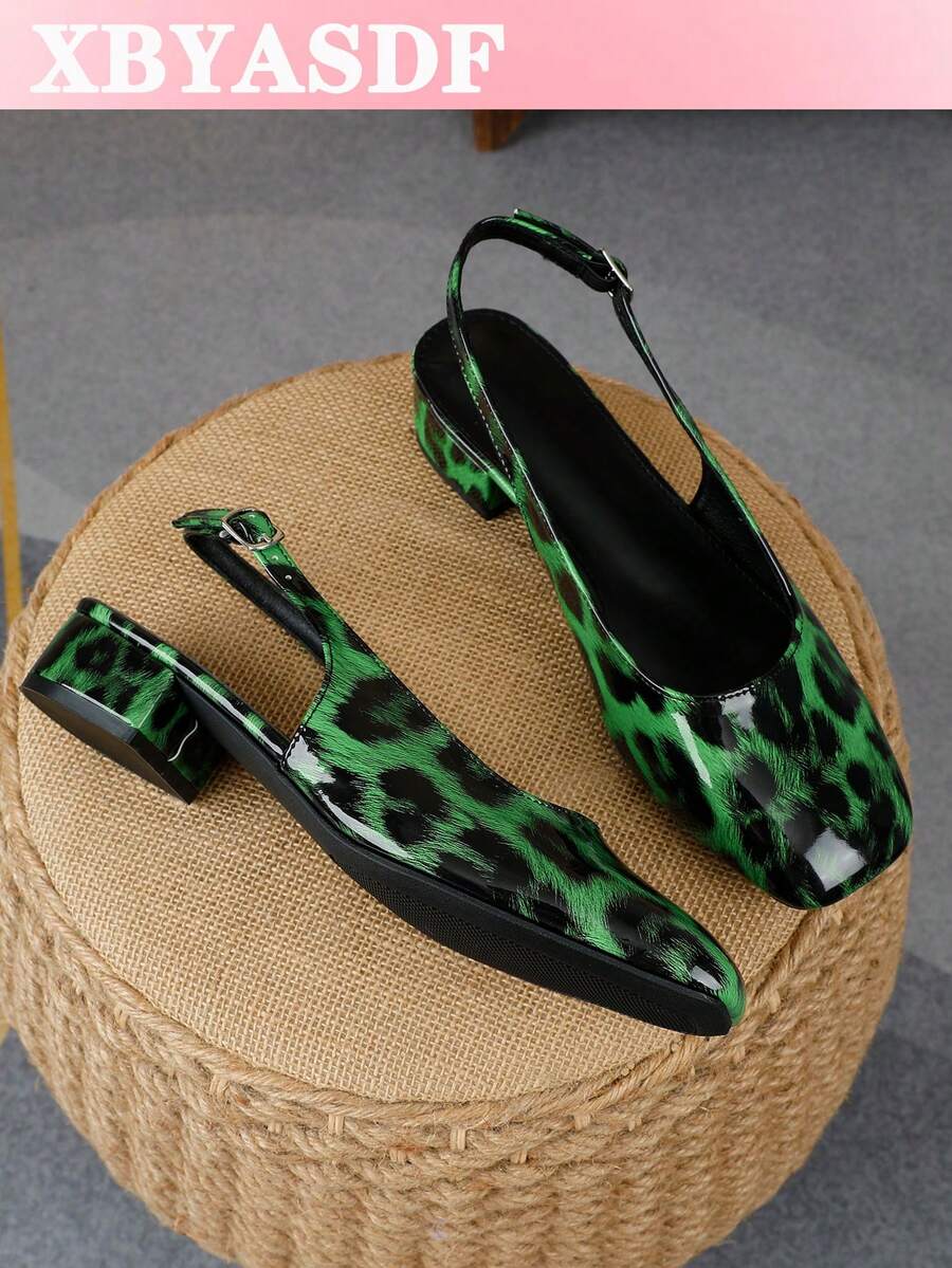 XBYASDF Women's Green Leopard Print Glossy Square Toe Backless Chunky Heel Pumps, Buckle Strap Low Vamp Low Heel 3cm High Heels, European And American Commute Date Sandals - Green - View 1