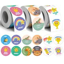 500pcs Cartoon Reward Doodle Roll Stickers, 1 Inch Round, 3 Styles To Choose From, Cute Cartoon Animal, Rainbow Trophy Elements "Great" "Good Job" "Awesome" "You Did It", Suitable For Baking Gift Box Sealing, Party Favor Packaging, Scrapbooking, Children's Reward Stickers, Creative Express Packaging, Market Stall Decoration - Multicolor - View 1