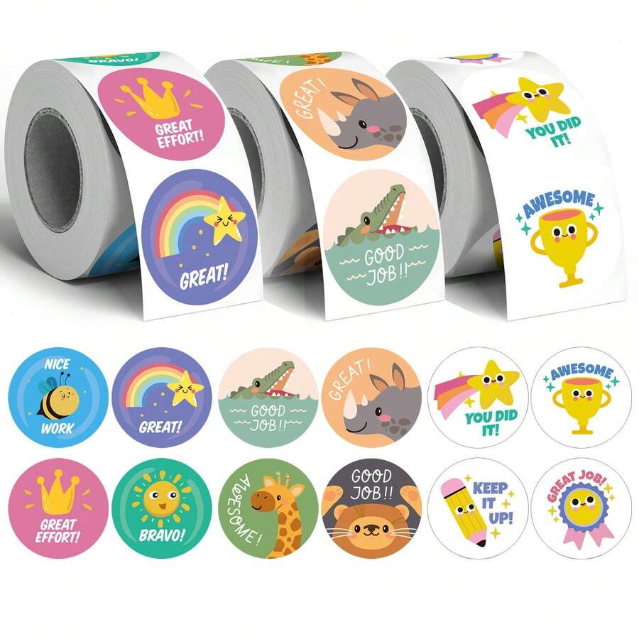 500pcs Cartoon Reward Doodle Roll Stickers, 1 Inch Round, 3 Styles To Choose From, Cute Cartoon Animal, Rainbow Trophy Elements "Great" "Good Job" "Awesome" "You Did It", Suitable For Baking Gift Box Sealing, Party Favor Packaging, Scrapbooking, Children's Reward Stickers, Creative Express Packaging, Market Stall Decoration - Multicolor - View 1