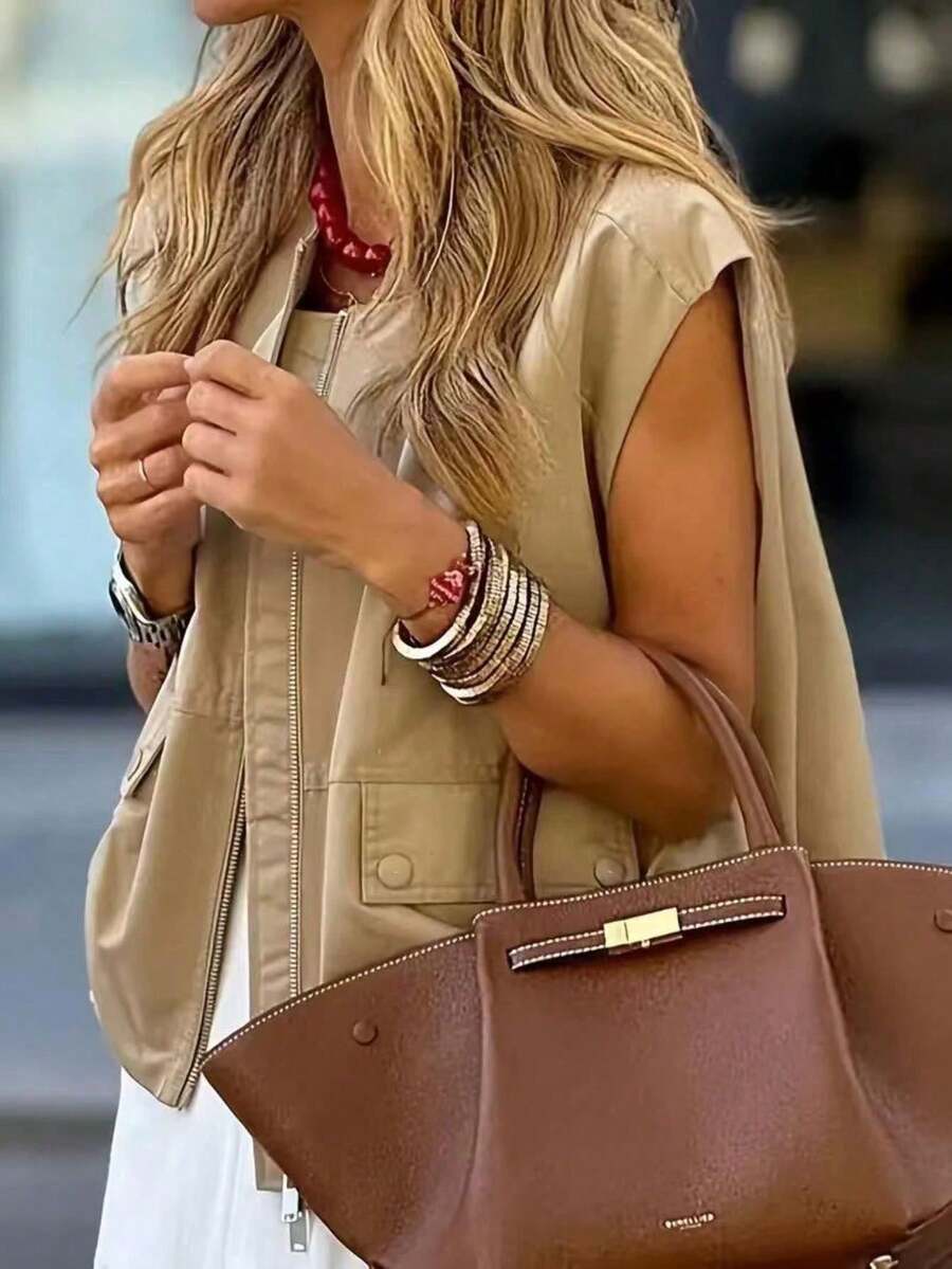 Autumn European And American Style Casual Versatile Women's Design Pleated Loose Vest Jacket With Pockets And Zipper For Back To School And Summer - Khaki - View 1