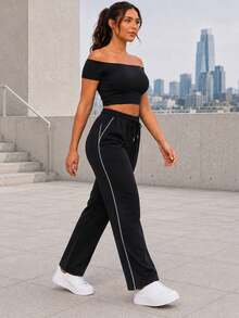 Women's Casual Wide Leg Pants With Contrast Side Stripes, Drawstring Elastic Waist, Straight Leg Fit And Side Pockets - Black - View 5