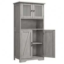 Armario recibidor alto independiente de madera con puertas de transparente y estantes ajustables, mueble despensa para cocina/baño/salón, estilo rústico moderno, 60x30x128 cm - Gris - Ver 5