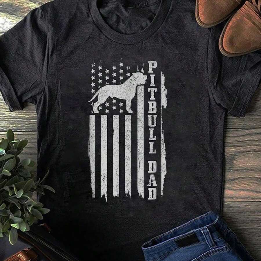 Pitbull Dad T-Shirt: Vintage American Flag Patriotic Dog Lover Gift - 黑色 - 查看 1