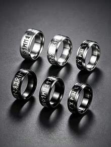 6Pcs 8mm Vintage Viking Rune Stainless Steel Men's Rings, Unisex Couple Jewelry Set, Unique Accessories For Daily, Party, Festival & Business Wear - Multicolor - View 7