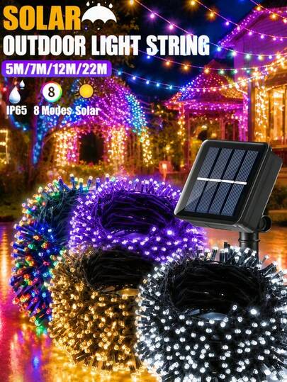 1 buah Lampu Hias Tenaga Surya 20/50/100/200 LED, 8 Mode Pencahayaan, 22M/12M/7M/5M, Lampu Peri Tahan Air IP65, Lampu Dekoratif Taman Luar Ruangan, Halaman, Pohon Natal, Pesta di Atap, Berkemah, Pernikahan, Balkon, Pagar, Pesta, Rangkaian Lampu Dekoratif Natal