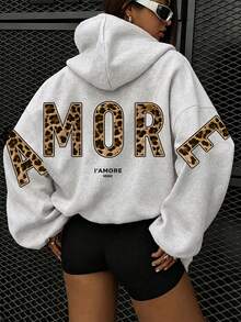 Leopard Print Amore Artistic Font Italian Romantic Love Text Fleece Lined Sweatshirt Back To School Fall For Women, Long Sleeve Pocket Slight Drop Shoulder Casual Sweatshirt - Light Grey - View 2