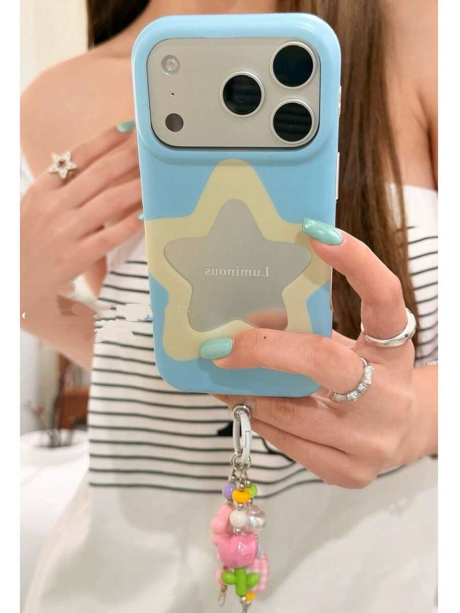 Korean Style INS Fresh Colorblock Pentagram Phone Case Compatible With Apple 17 Pro Max, 16 Pro New Model, 13, 14 Pro, 15 Pro, Full Coverage Double Layer Anti-Drop Phone Cover With Pendant - Blue - View 1