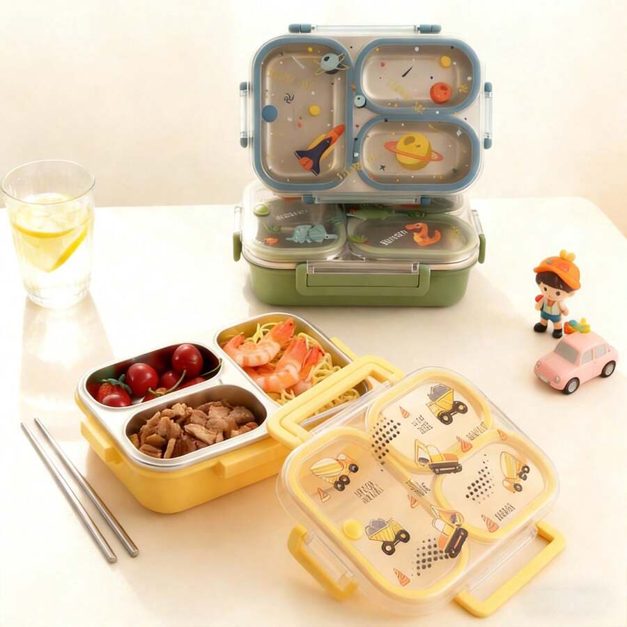 Kotak Bekal Bento Stainless Steel 304, Wadah Makanan Anti Bocor 3 Kompartemen, Wadah Makan Siang Aman Microwave dengan Tutup, Wadah Makanan untuk Perjalanan, Wadah Persiapan Makanan Terbagi untuk Pelajar, Wadah Camilan Lucu - MultiWarna - View 1