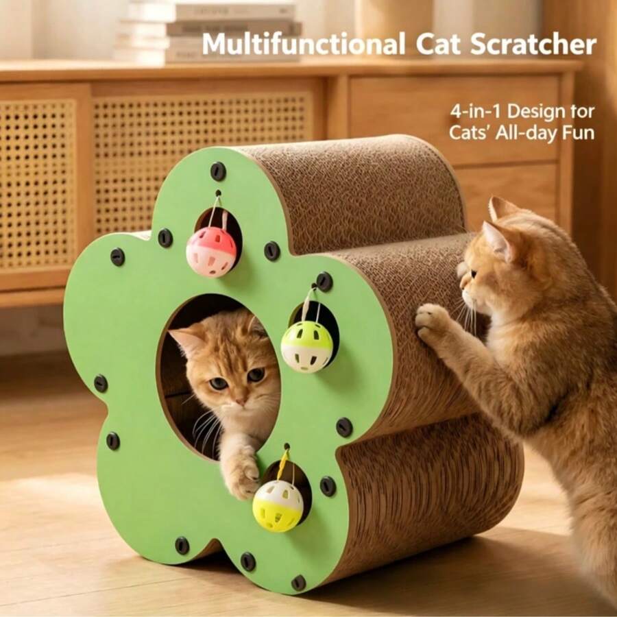 1 buah Papan Penggaruk Kucing Berbentuk Bunga dengan Bola Lonceng Interaktif, Alas Penggaruk Kucing Karton Tahan Lama, Mainan Kucing Dalam Ruangan untuk Perawatan Cakar dan Hiburan, Alas Pelindung Furnitur untuk Anak Kucing dan Kucing Dewasa - Gaya kelopak bunga - View 1