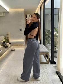 Women's White Polyester Short Straight-Leg Pants, Non-Stretch Opaque, Creating A Crisp Look - Grey - View 3