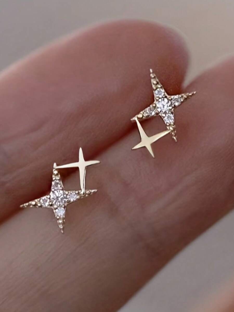Fashionable Double Star Stud Earrings, Proposal Engagement Party Jewelry Gift - Multicolor - View 1