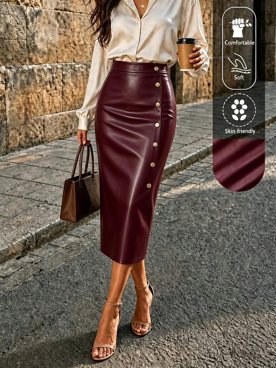 EARO 时尚优雅简约高端黑色单排扣开衩PU皮裙，女士修身半身裙，秋冬款，时尚优雅，修身显瘦，高腰设计，弹力腰带，性感A字中长裙，春季款 - 酒紅色 - 查看 1